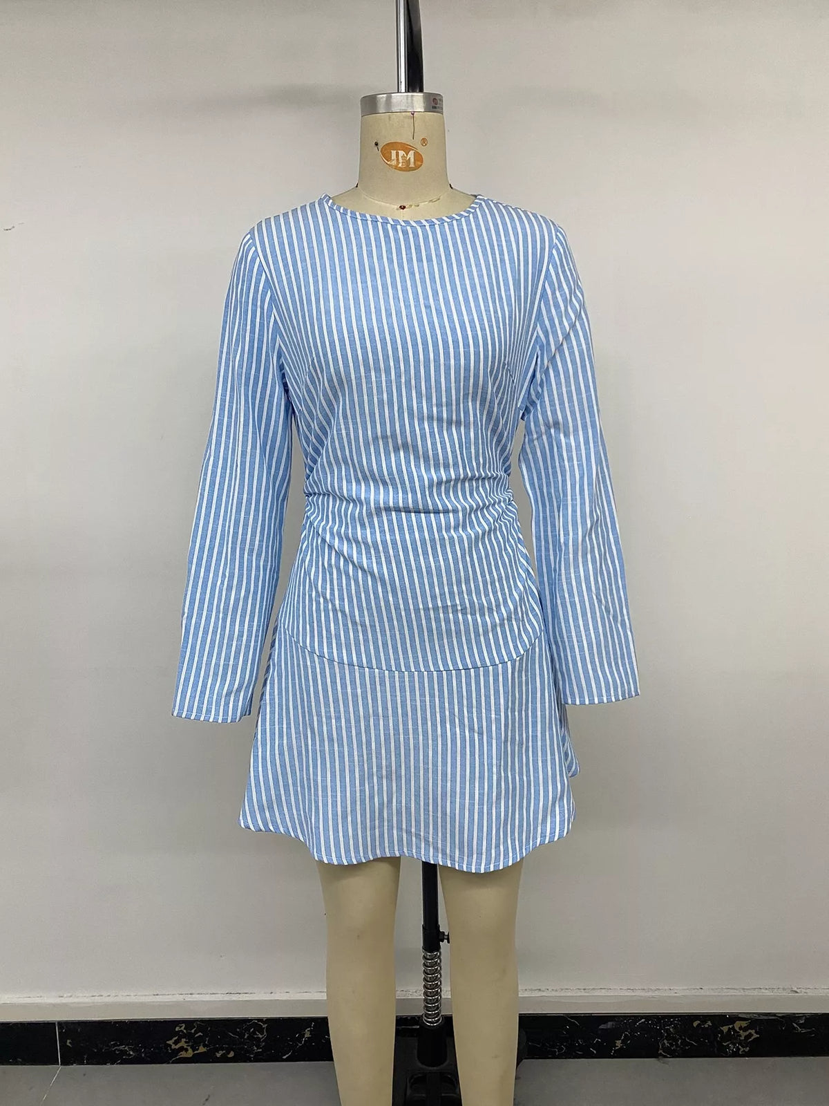 striped long-sleeve ruched mini dress – zipper,tied | dropsona - neutral - size reference