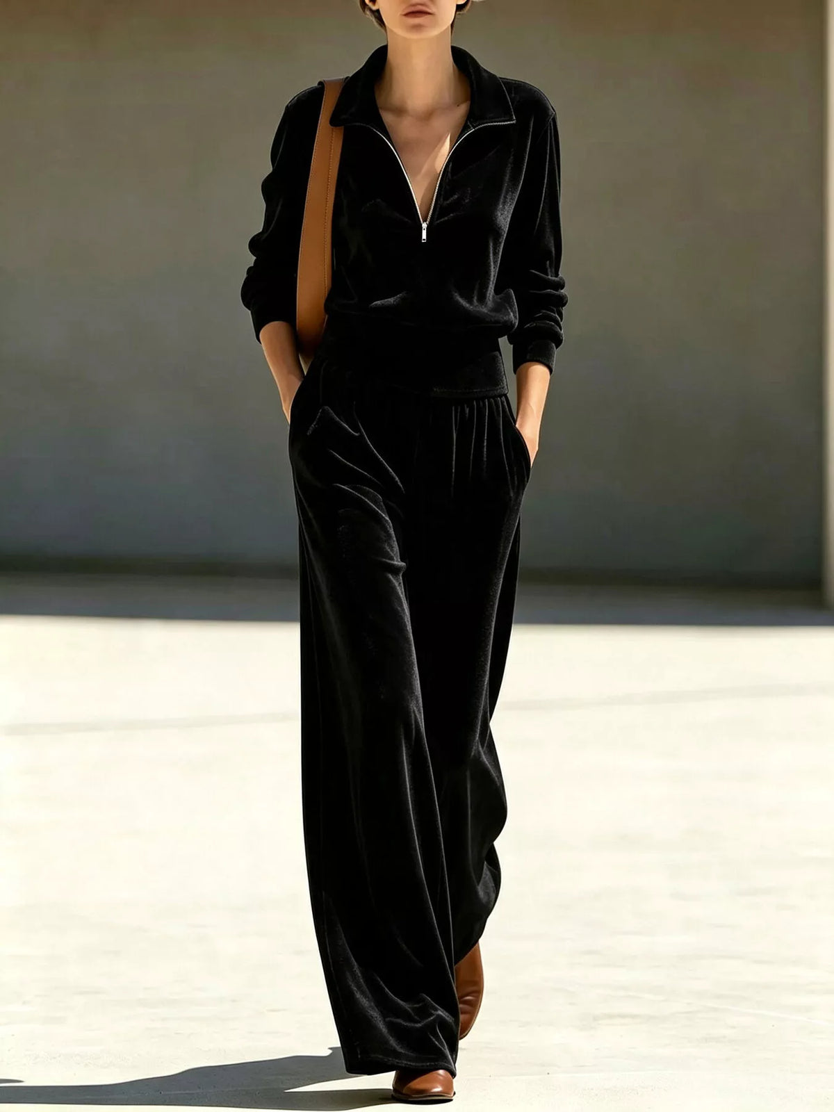 full size quarter-zip top and wide-leg pants set plus | dropsona - neutral - packaging