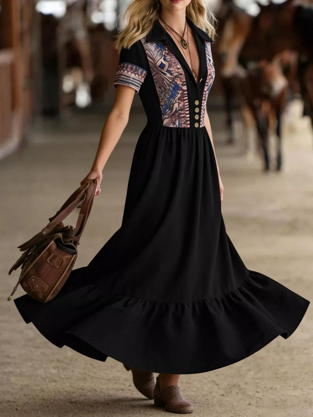 printed button-front maxi dress – buttoned,ruffled | dropsona - neutral - usage example