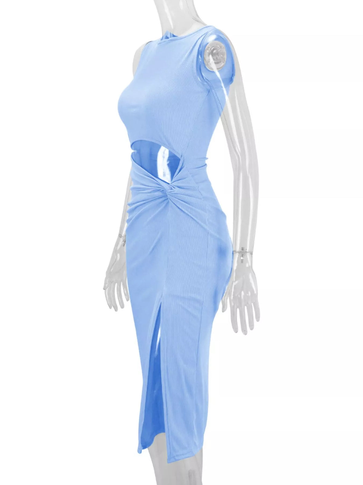 sleeveless cut-out ruched high-slit bodycon dress | dropsona - neutral - size reference