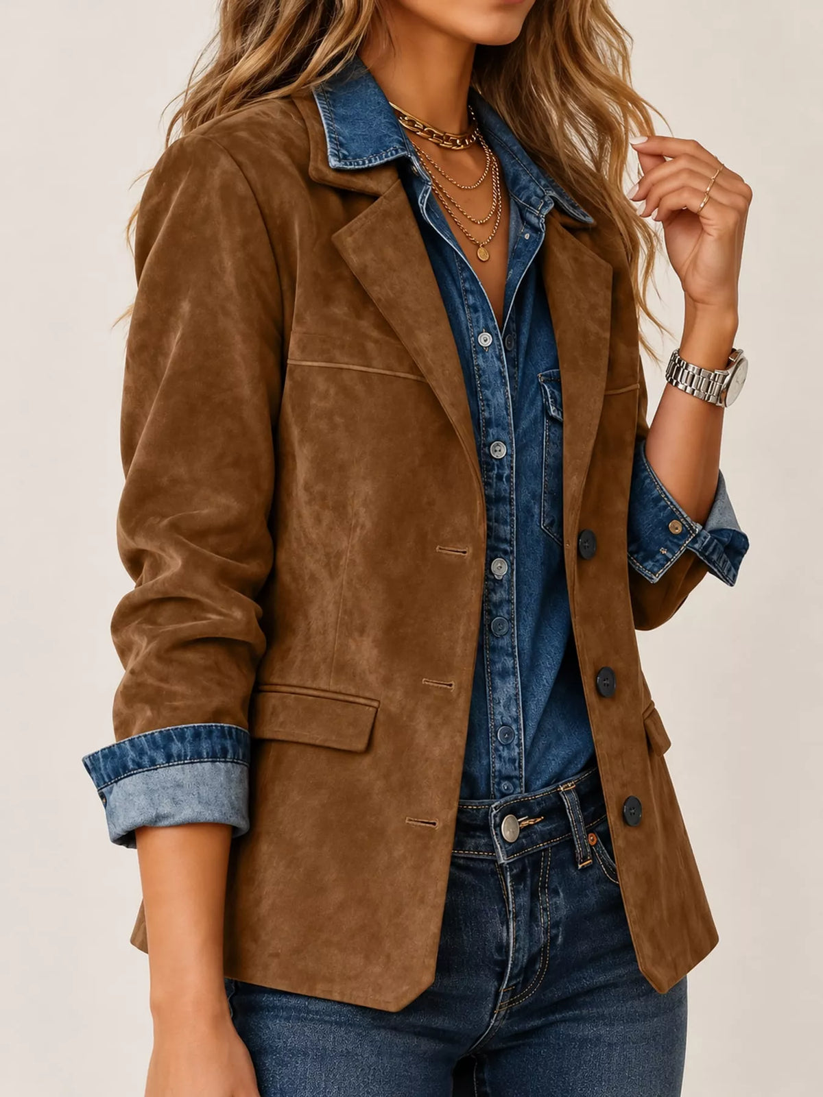 full size lapel collar button up blazer plus | dropsona - neutral - front view