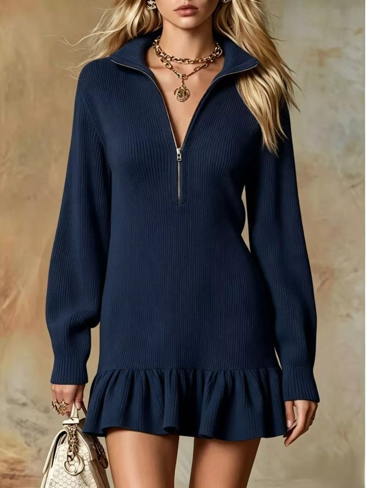 full size half zip ruffled hem dress plus | dropsona - neutral - size reference