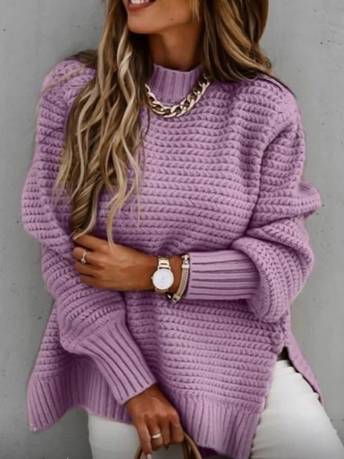 side slit textured knit sweater – ribbed,slit fit | dropsona - neutral - front view