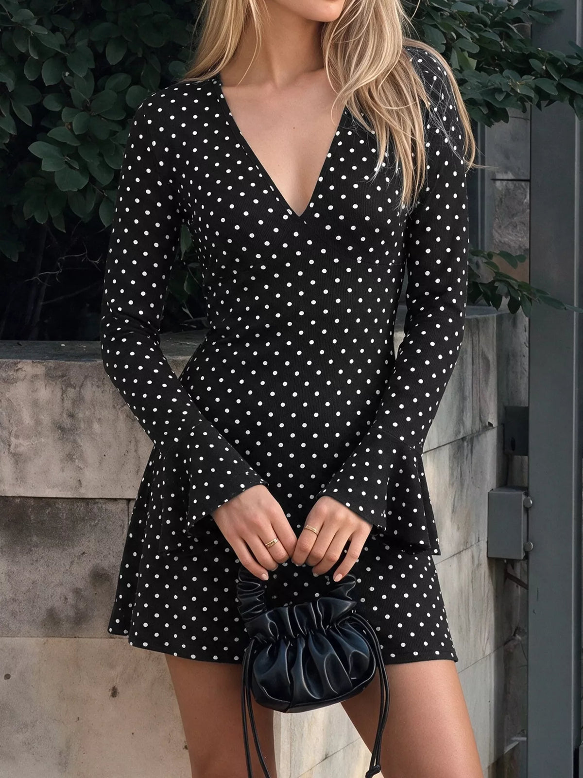 polka dot long sleeve ruffle hem mini dress | dropsona - neutral - front view