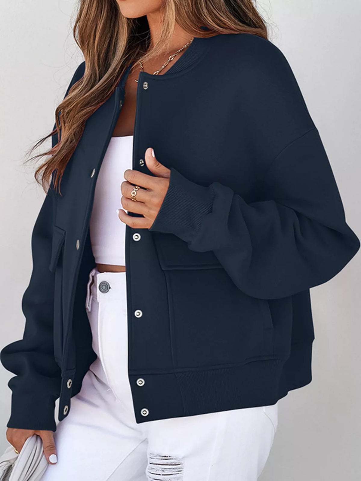 snap-button dropped shoulder jacket | dropsona - neutral - material texture