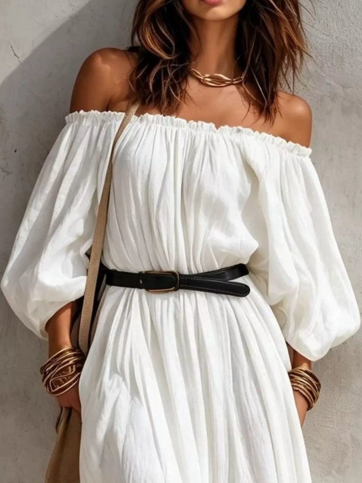 boho off-shoulder maxi dress with side slit | dropsona - neutral - front view