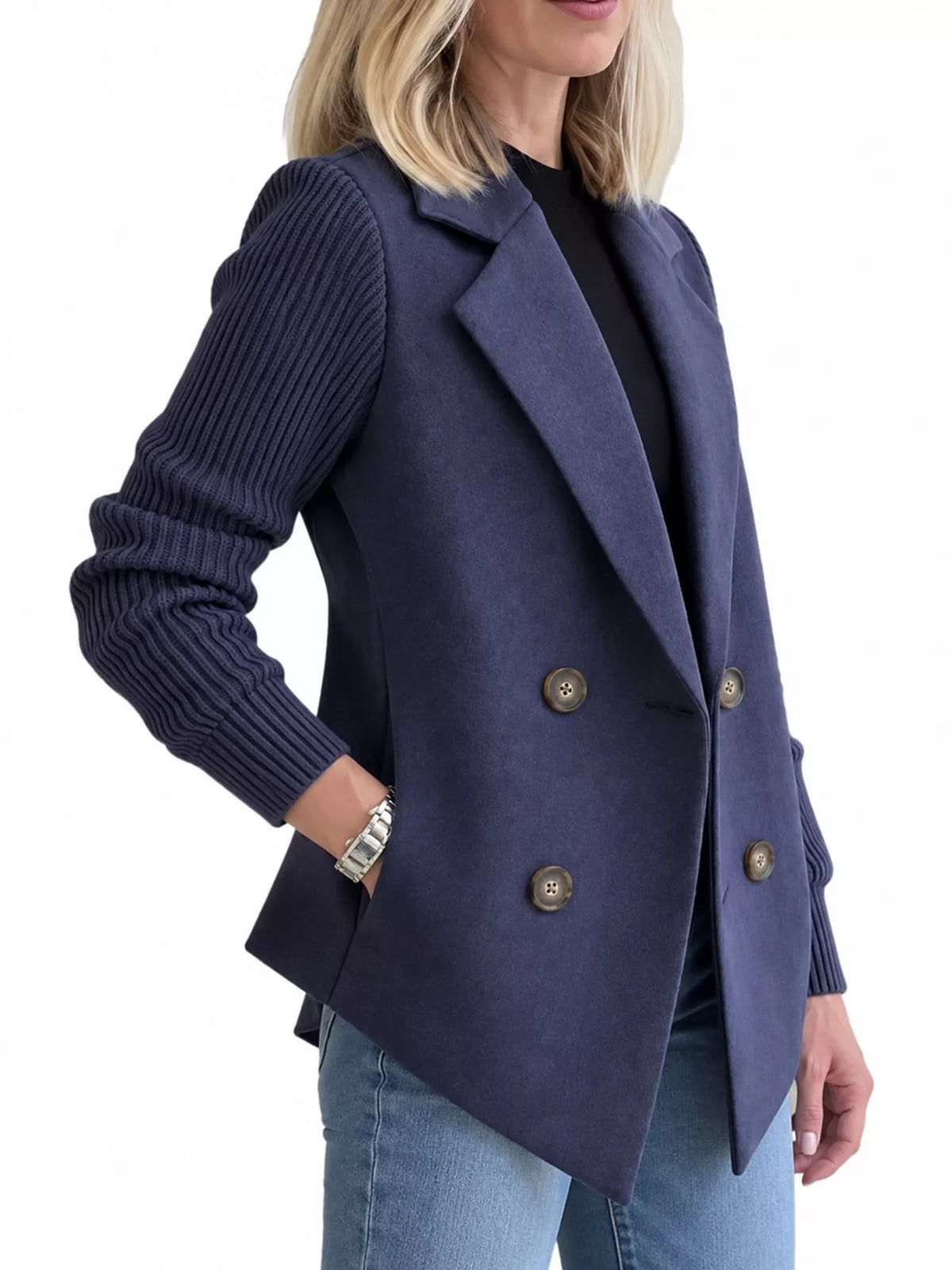 full size double-breasted hybrid blazer with ribbed | dropsona - neutral - close-up detail