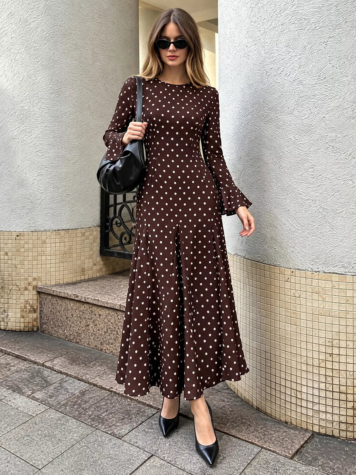 polka dot long sleeve maxi dress – zipper | dropsona - neutral - size reference