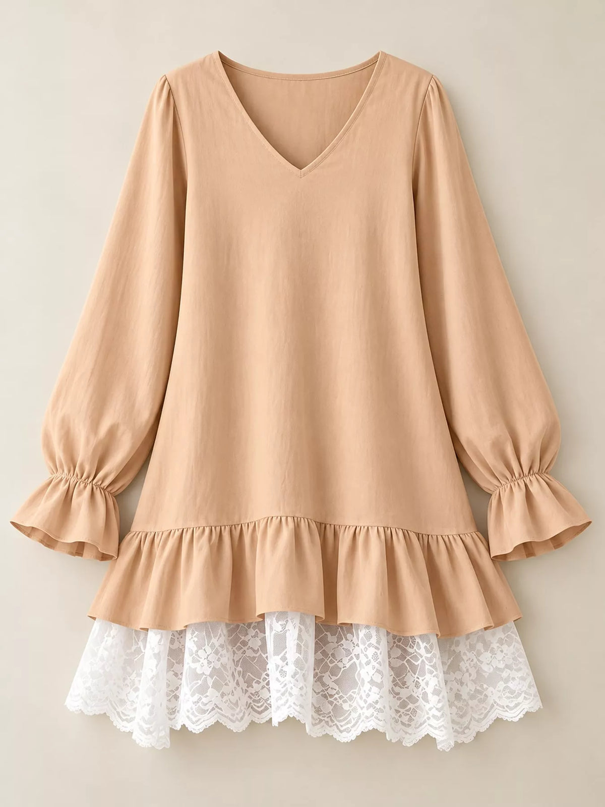 lace hem v-neck flounce sleeve dress | dropsona - neutral - packaging