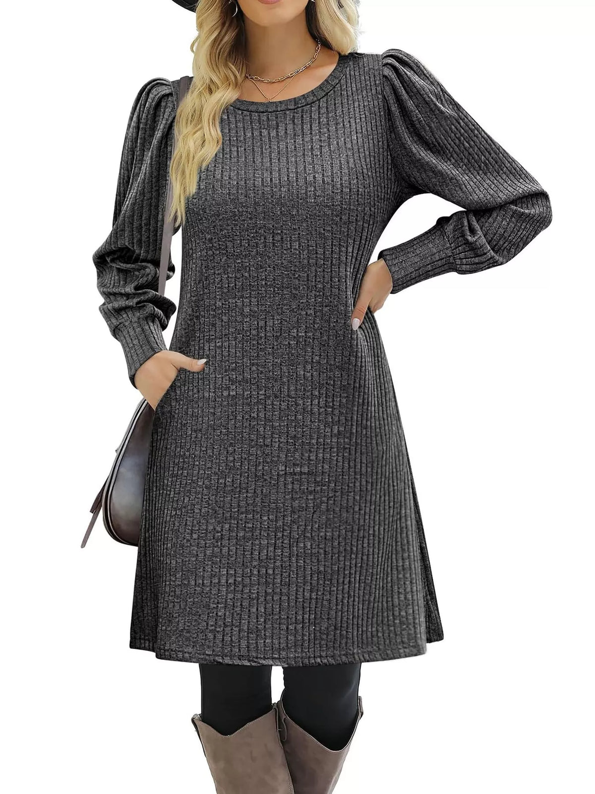 puff sleeve ribbed knit dress with pockets | dropsona - neutral - close-up detail