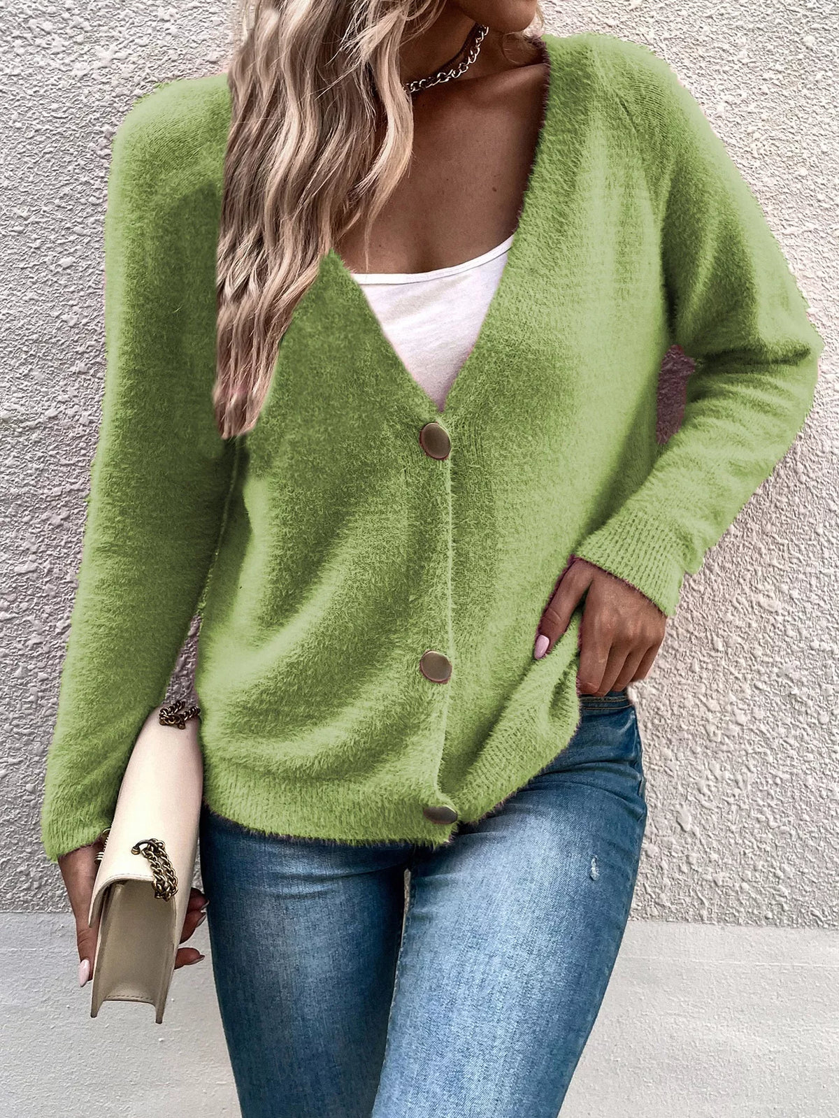soft fuzzy v-neck button-down cardigan – buttoned | dropsona - neutral - front view