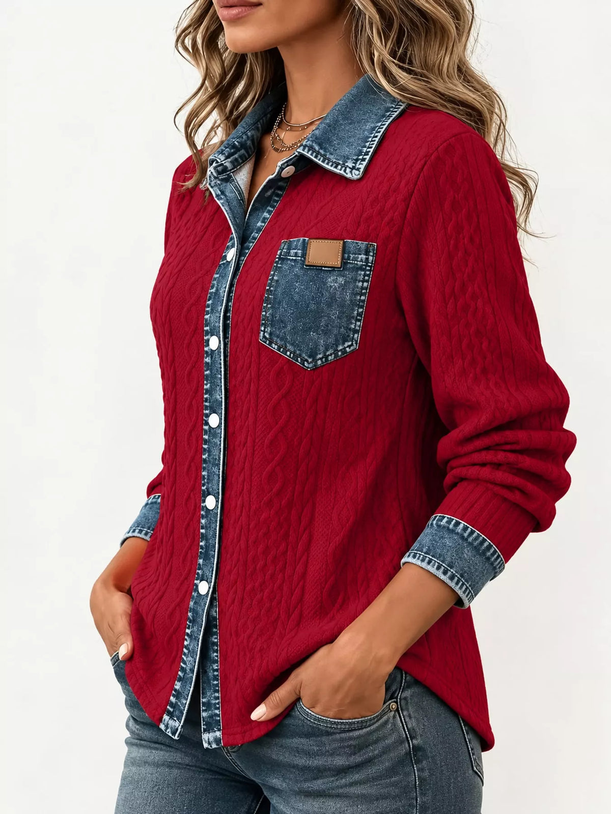 full size contrast denim trim textured button-down | dropsona - neutral - close-up detail