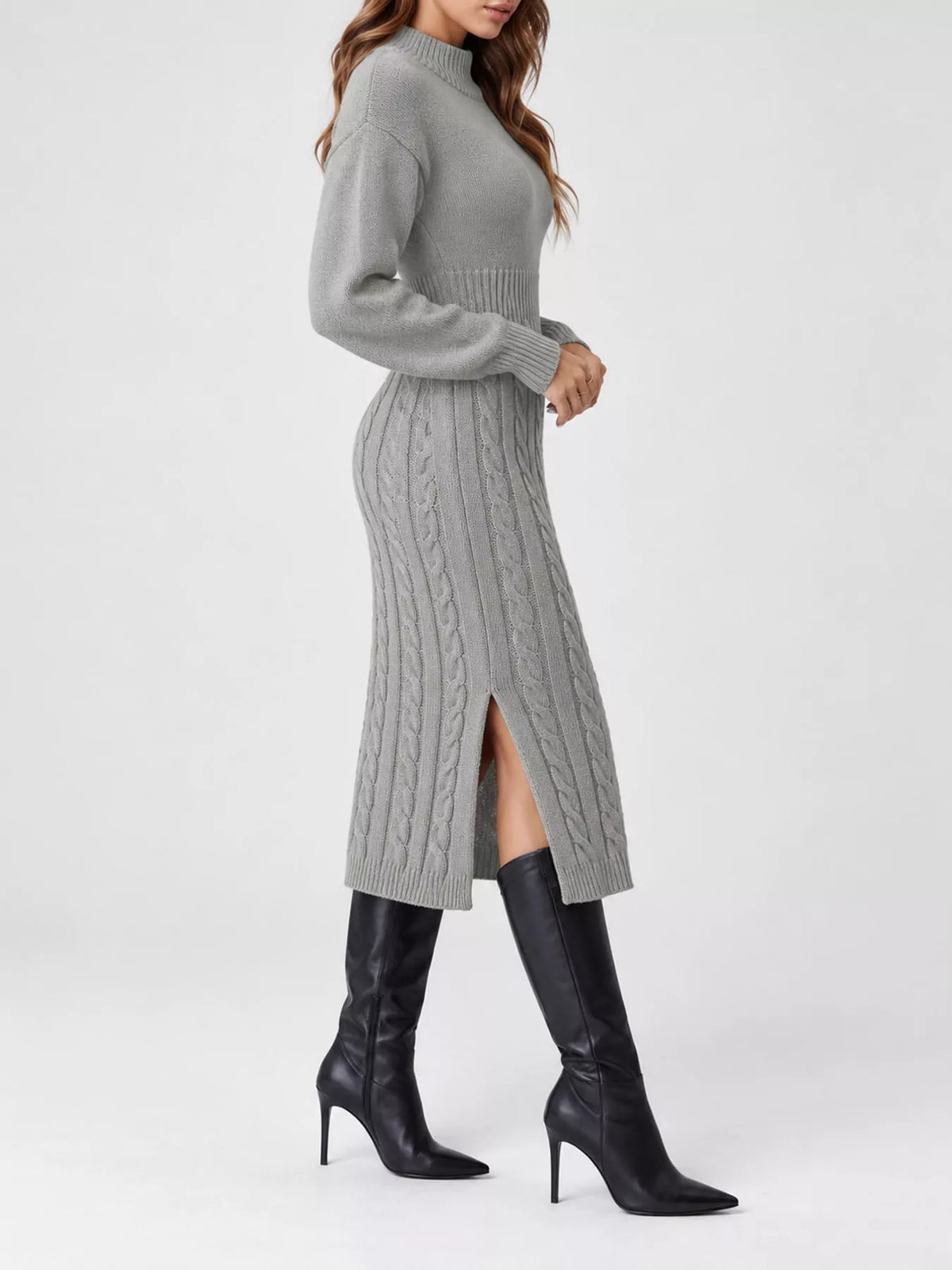 full size mock neck cable knit sweater dress with | dropsona - neutral - size reference