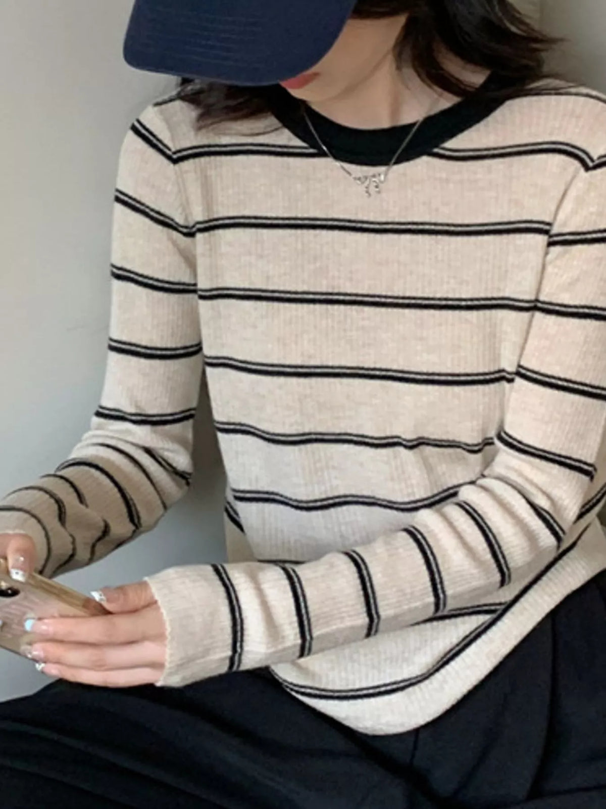 striped round neck ribbed knit top | dropsona - neutral - close-up detail
