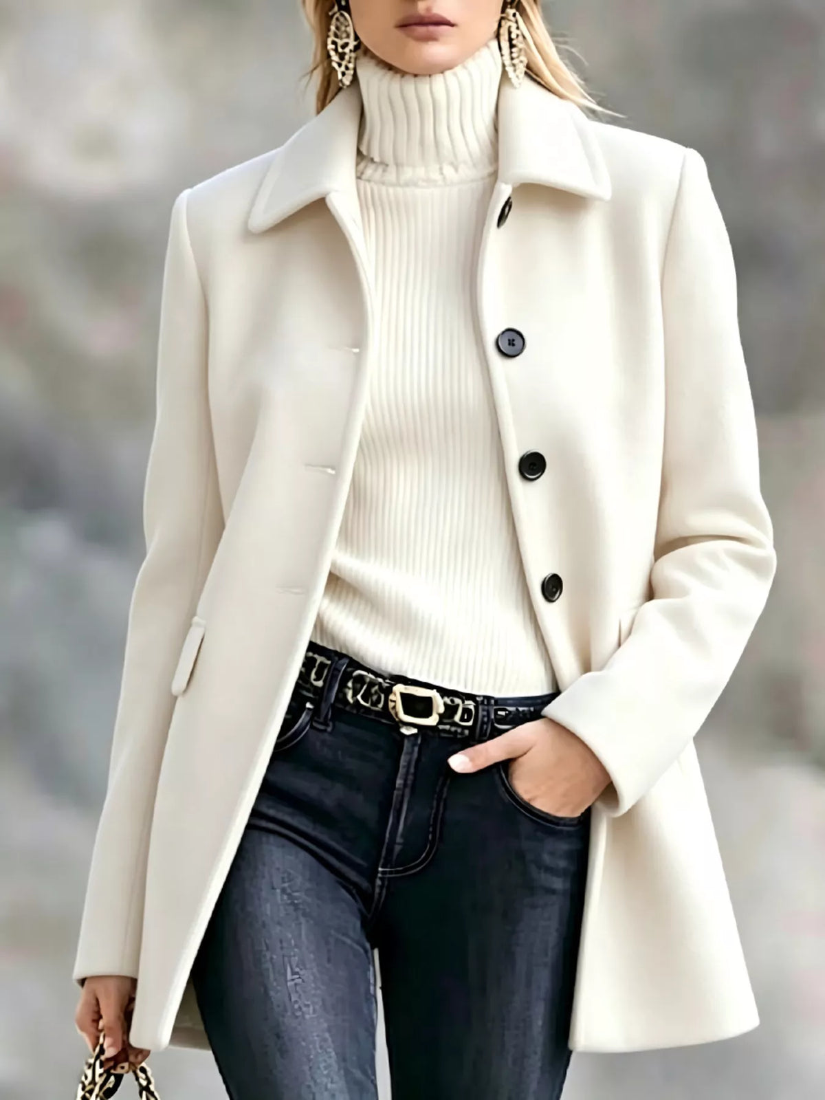 button up collared neck coat | dropsona - neutral - front view
