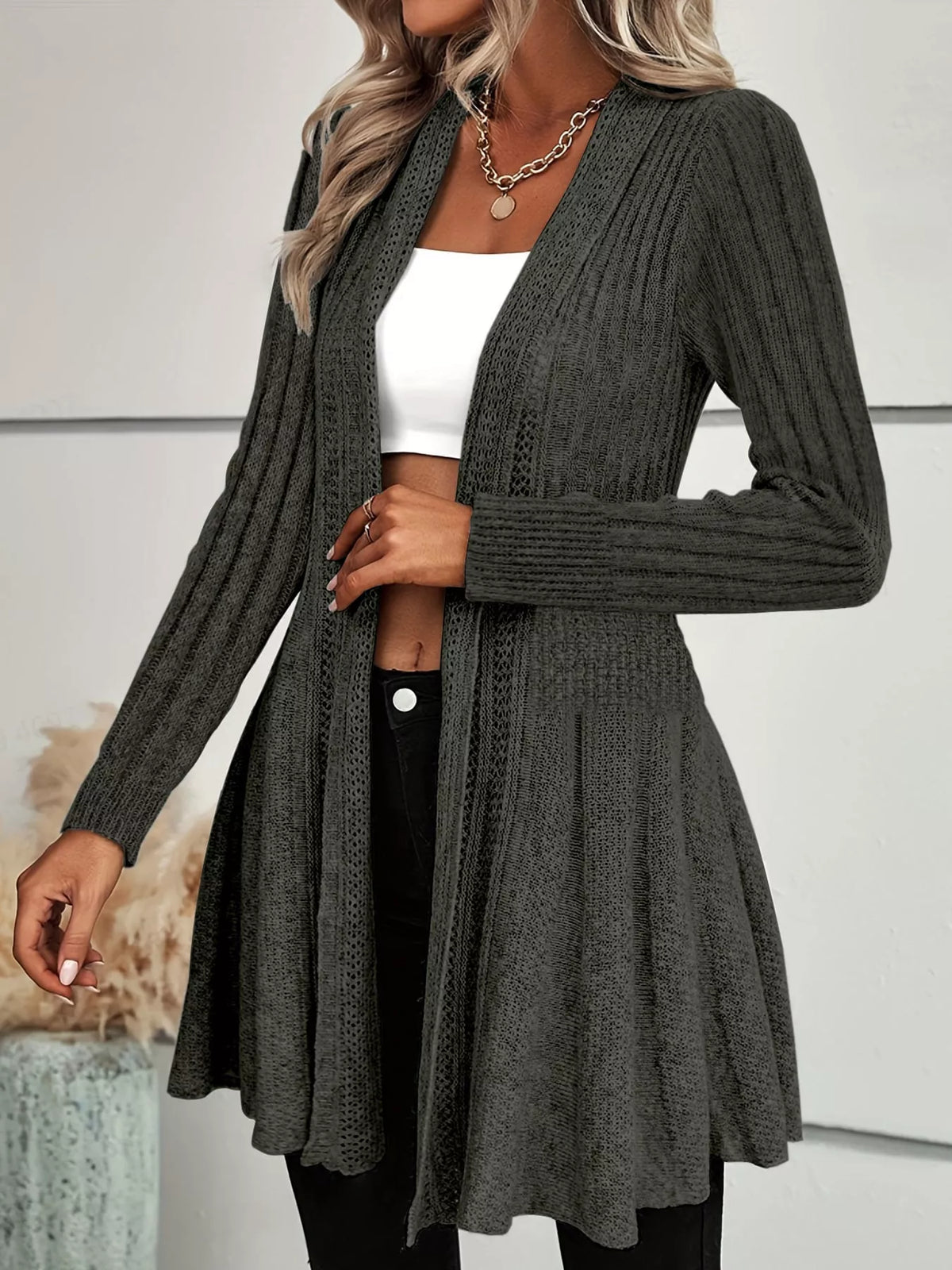 elegant ribbed knit open front flared cardigan | dropsona - neutral - packaging