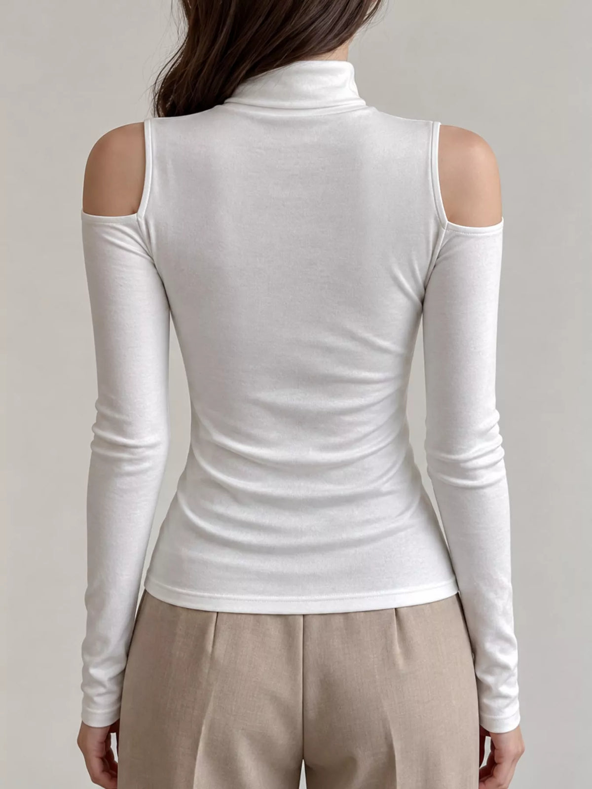 mock neck cold-shoulder slim-fit t-shirt | dropsona - neutral - close-up detail