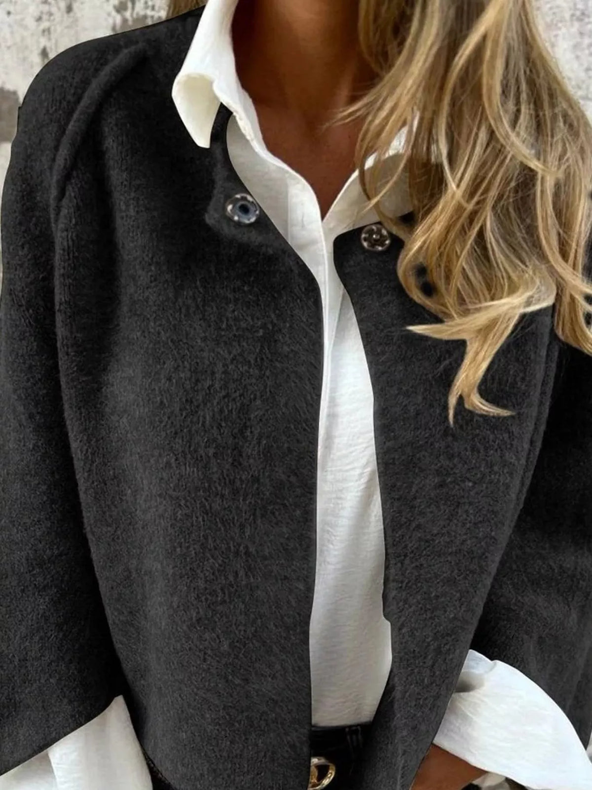 full size fuzzy texture open-front cropped outerwear | dropsona - neutral - close-up detail