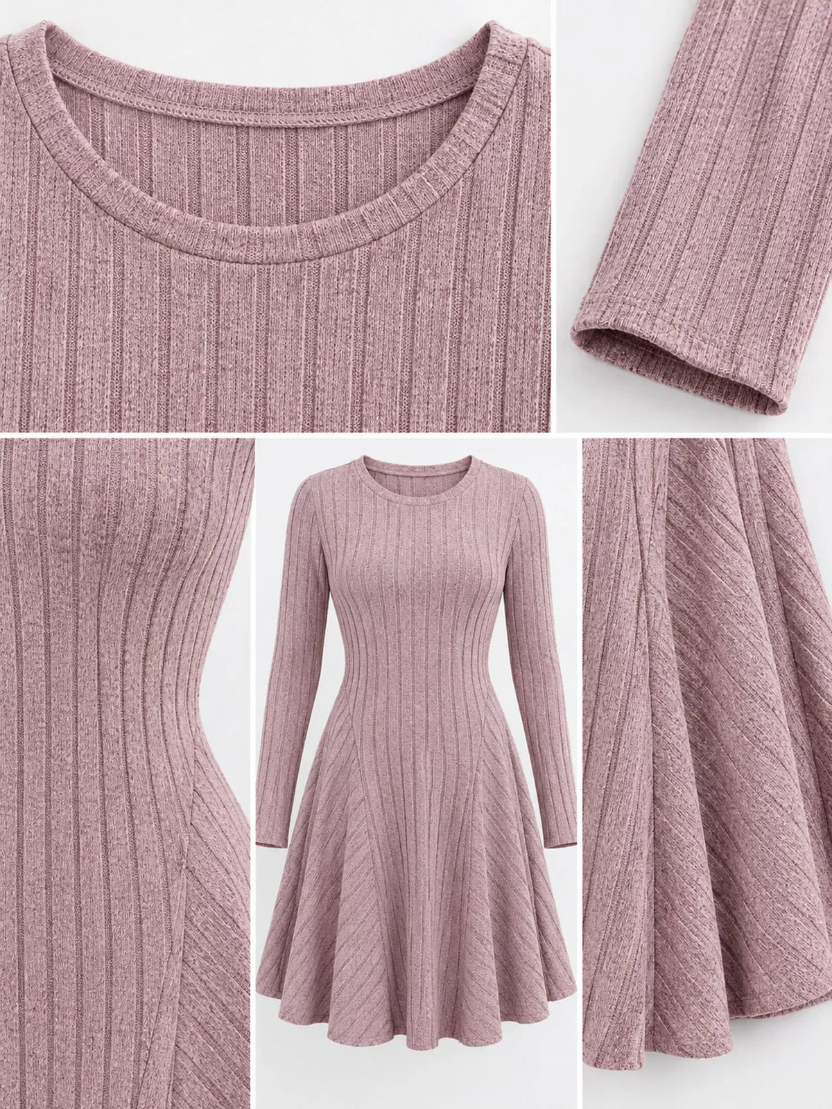 v-neck ribbed knit a-line dress – | dropsona - neutral - front view