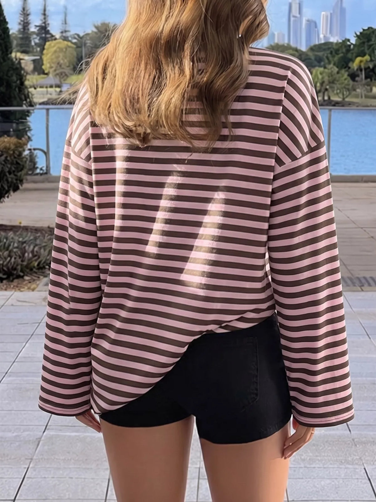 vintage striped polo collar long sleeve top | dropsona - neutral - size reference