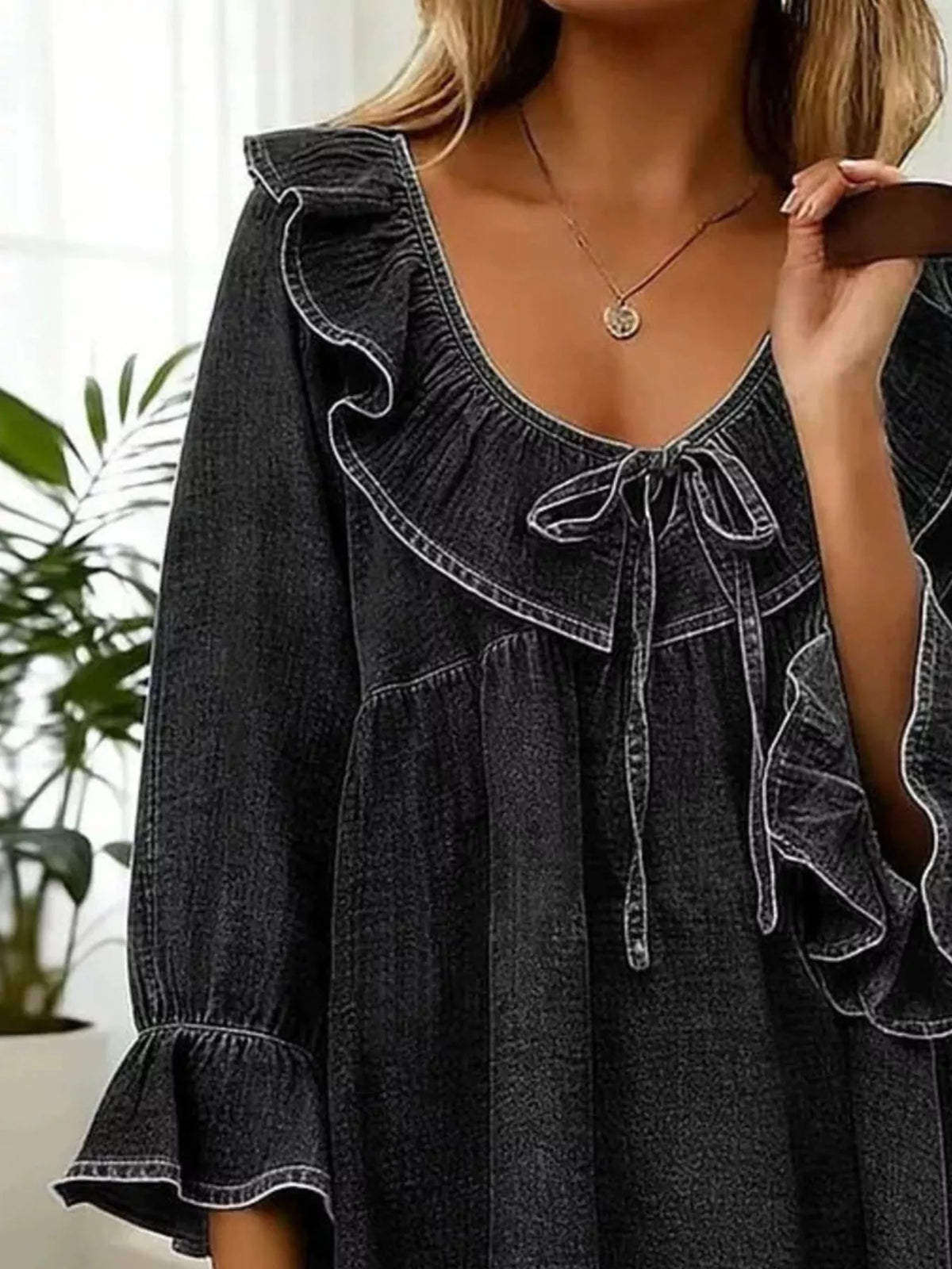 full size ruffled v-neck denim top with tie-front | dropsona - neutral - size reference