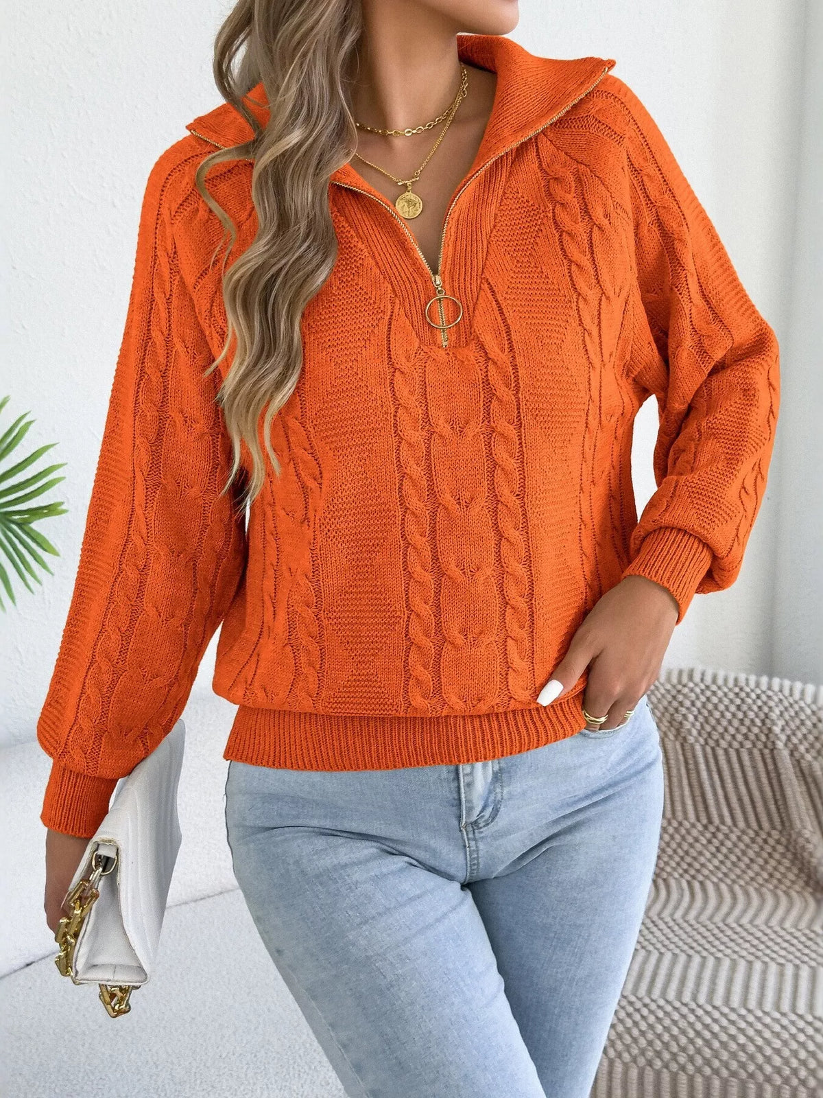 quarter-zip cable knit sweater – cable-knit,zipper | dropsona - neutral - usage example