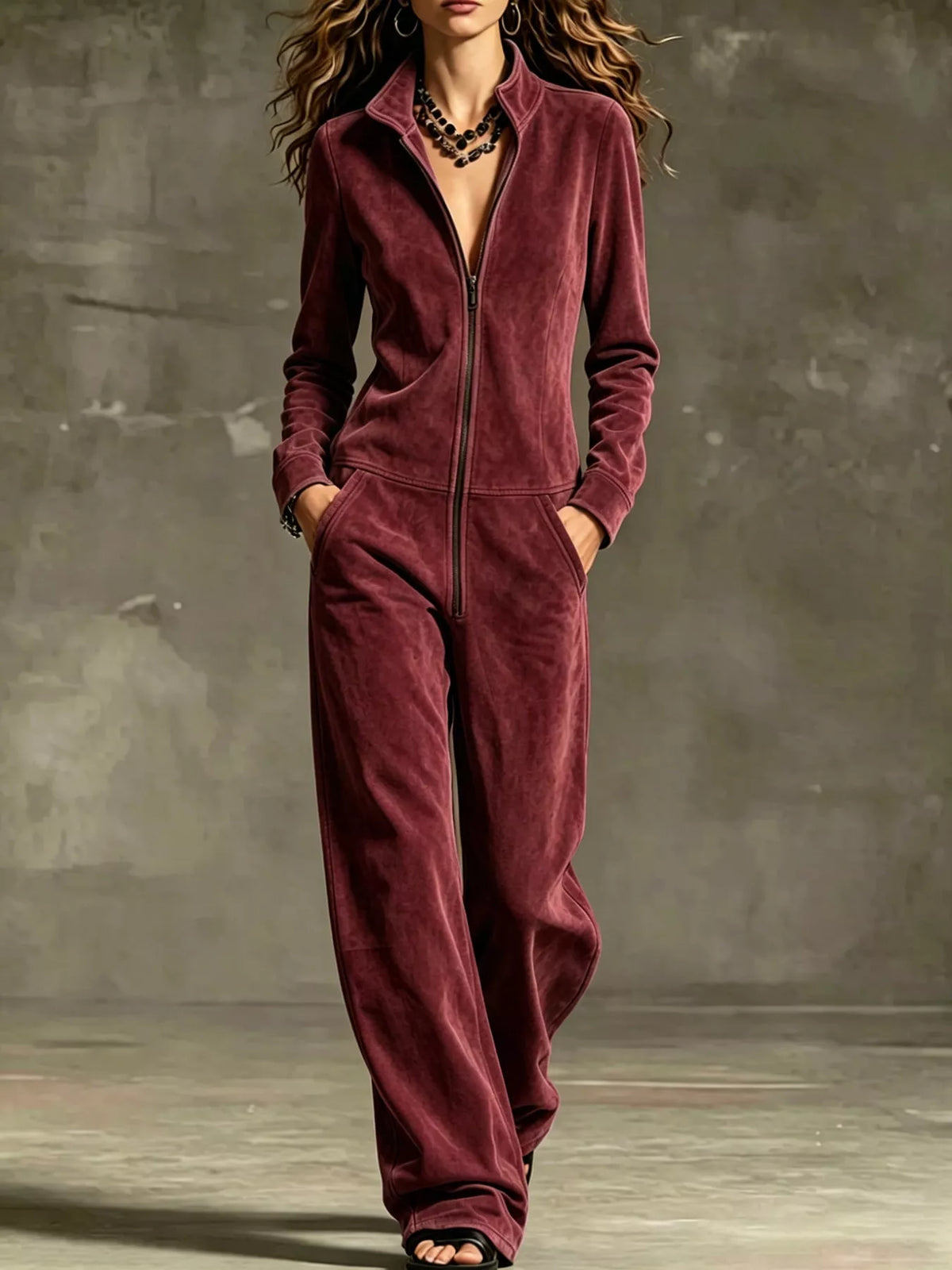 full size chic velour zip-up jumpsuit with pockets | dropsona - neutral - material texture