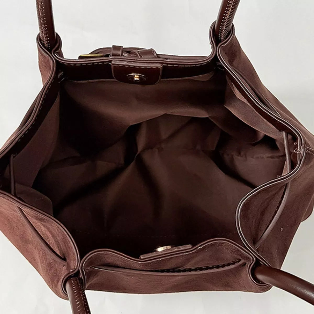 vintage suede shoulder bag – stylish sling | dropsona - neutral - front view