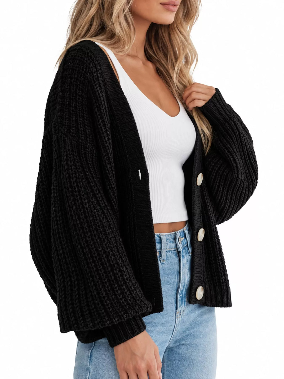 full size chunky knit button-down cardigan plus | dropsona - neutral - size reference
