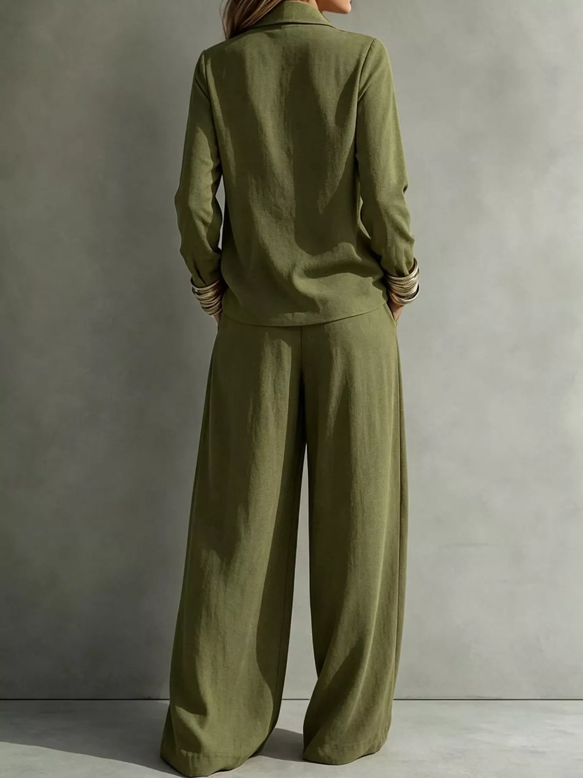 full size casual elegant top and wide-leg pants set | dropsona - neutral - usage example
