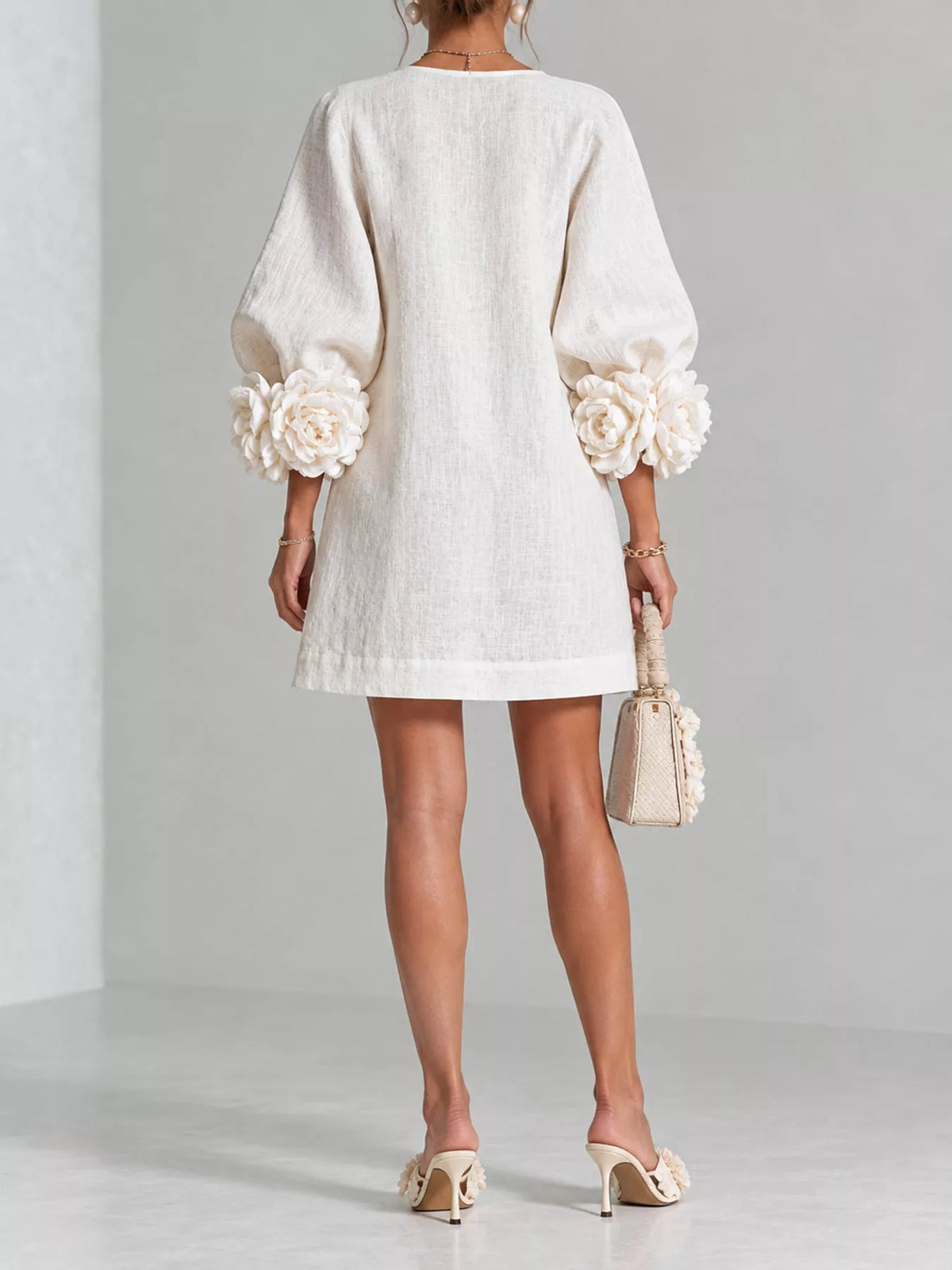 full size 3d floral sleeve accents mini dress plus | dropsona - neutral - close-up detail