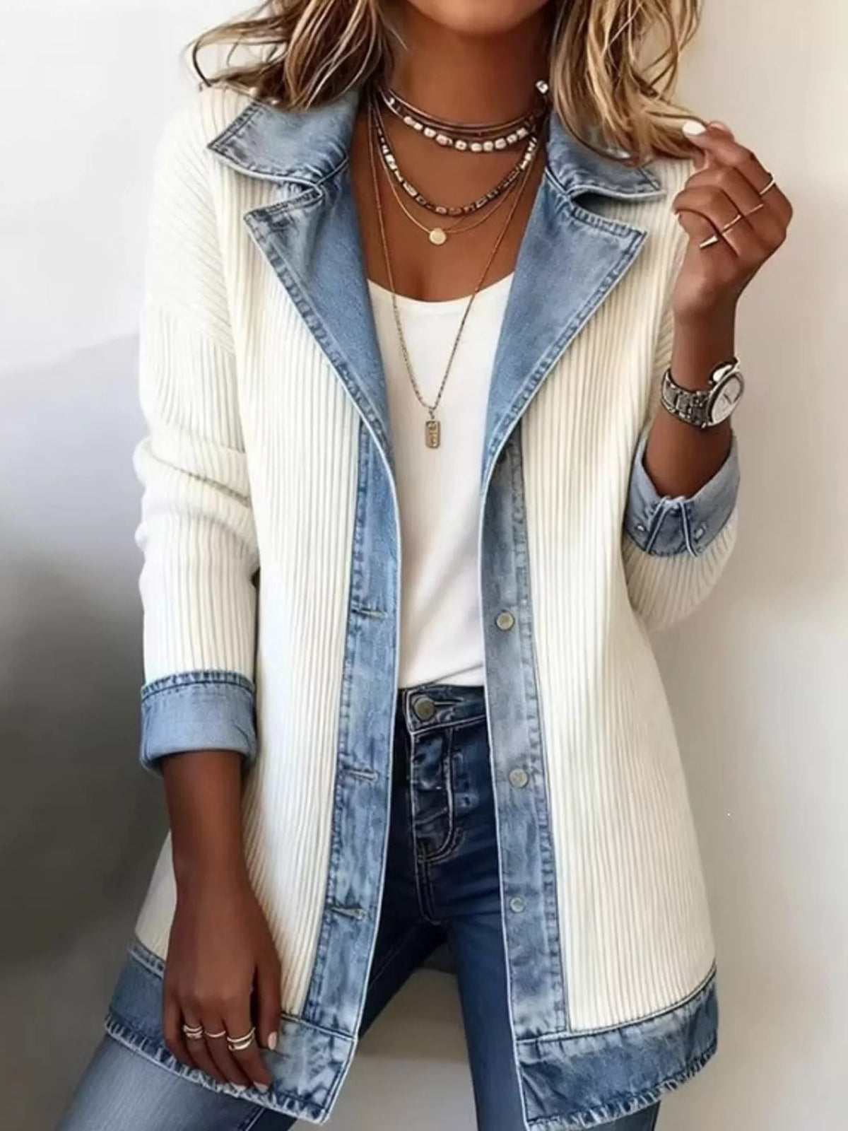 full size denim trim ribbed knit cardigan plus | dropsona - neutral - packaging