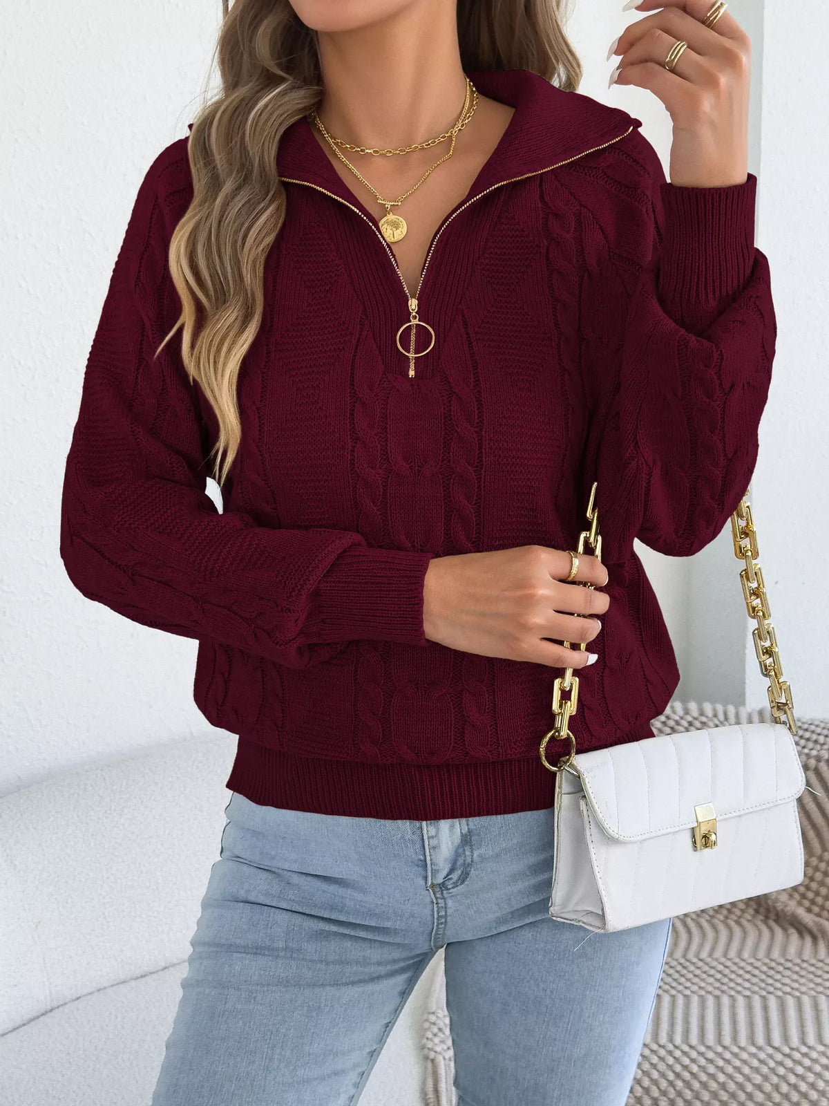 quarter-zip cable knit sweater – cable-knit,zipper | dropsona - neutral - size reference