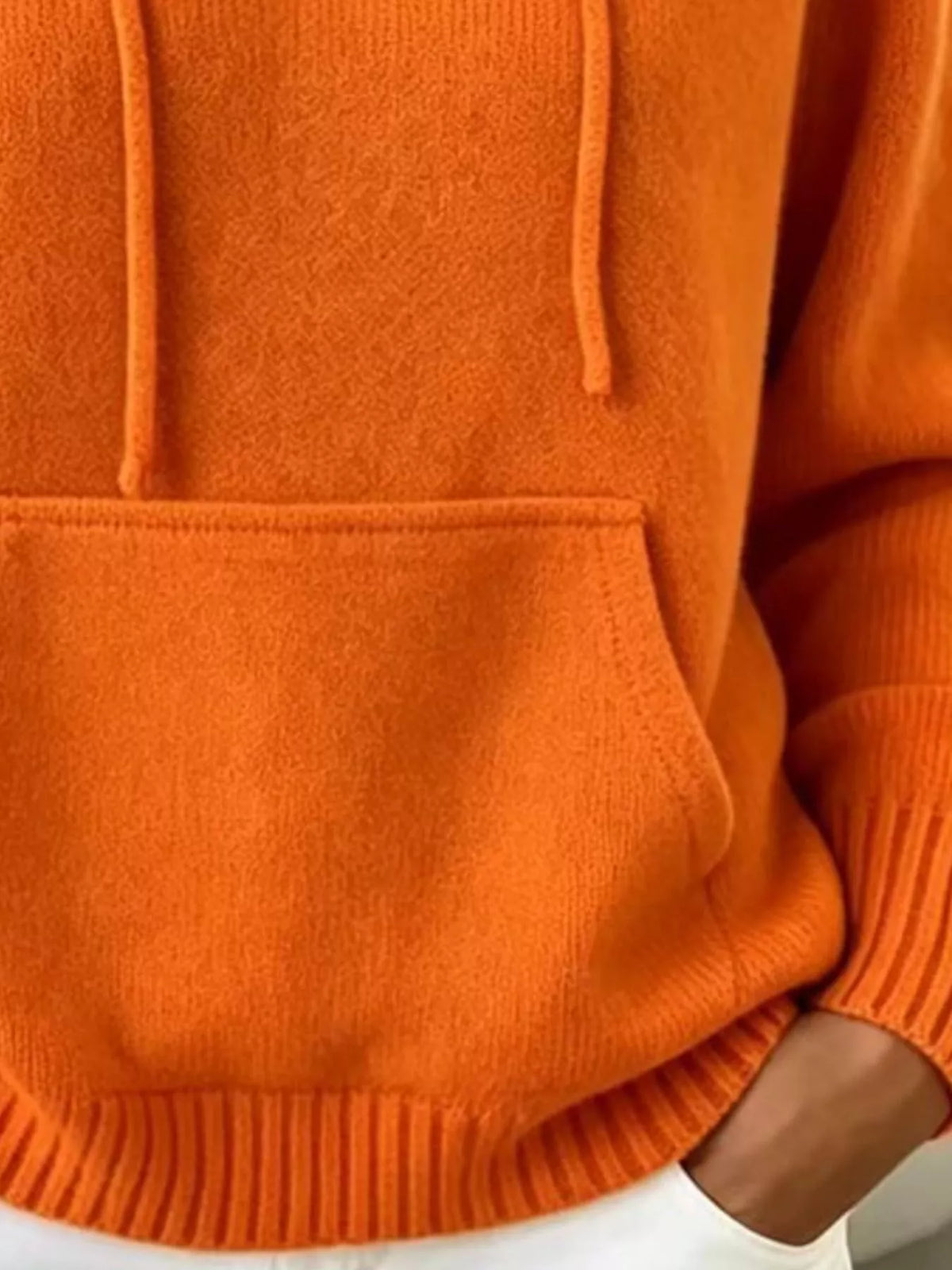 full size drawstring kangaroo pocket hooded sweater | dropsona - neutral - close-up detail