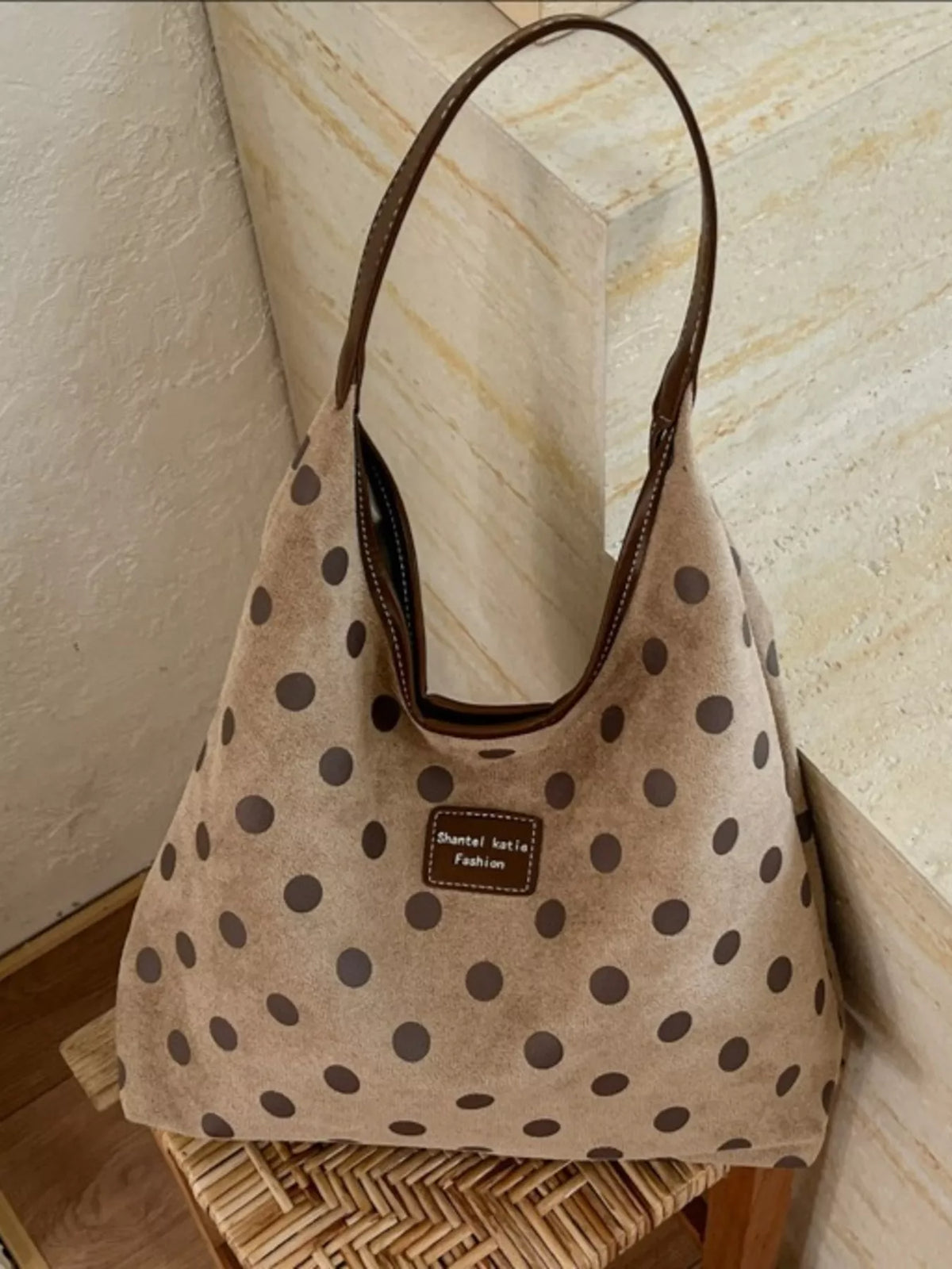 vintage polka dot suede shoulder bag – stylish sling | dropsona - neutral - close-up detail