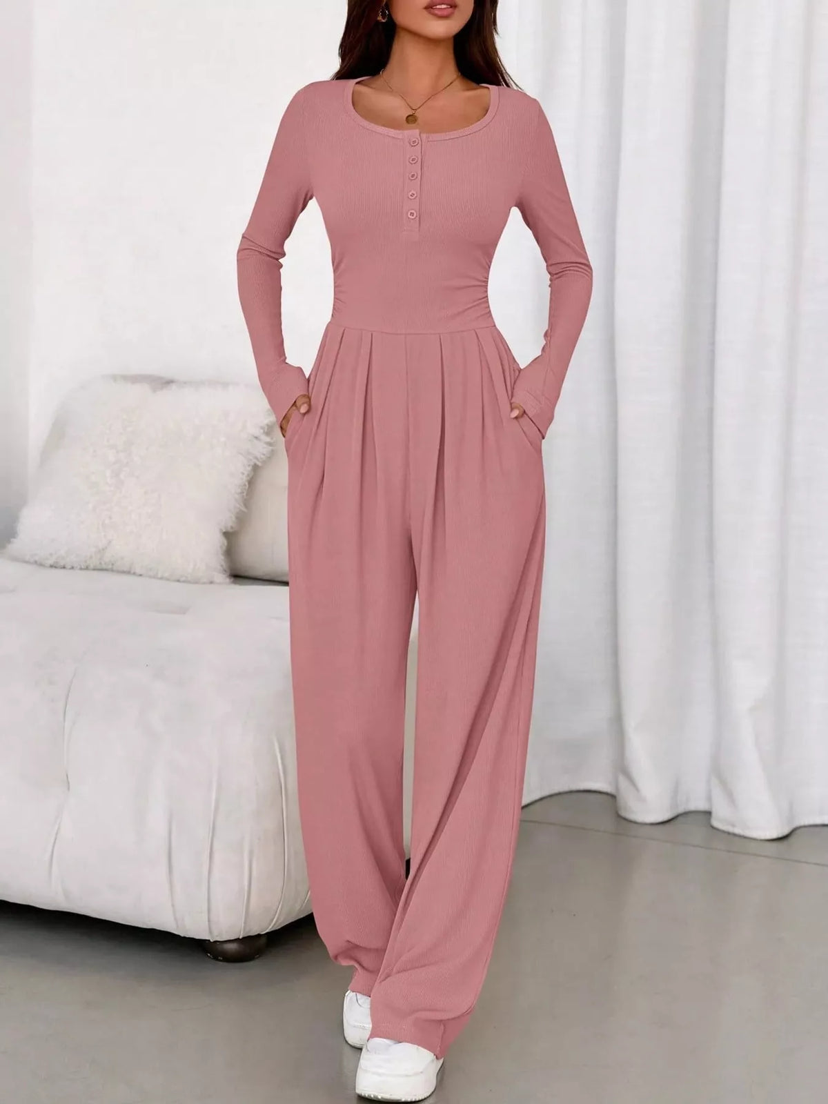 long sleeve ribbed knit wide leg jumpsuit | dropsona - neutral - size reference