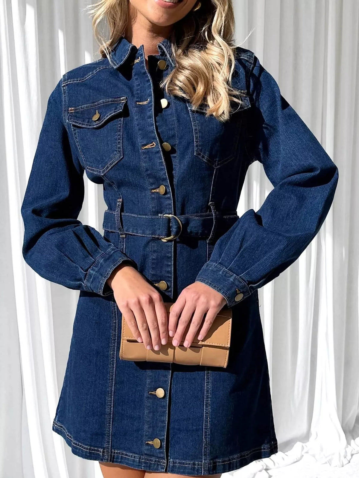 button-down denim dress with belted waist and long | dropsona - neutral - size reference