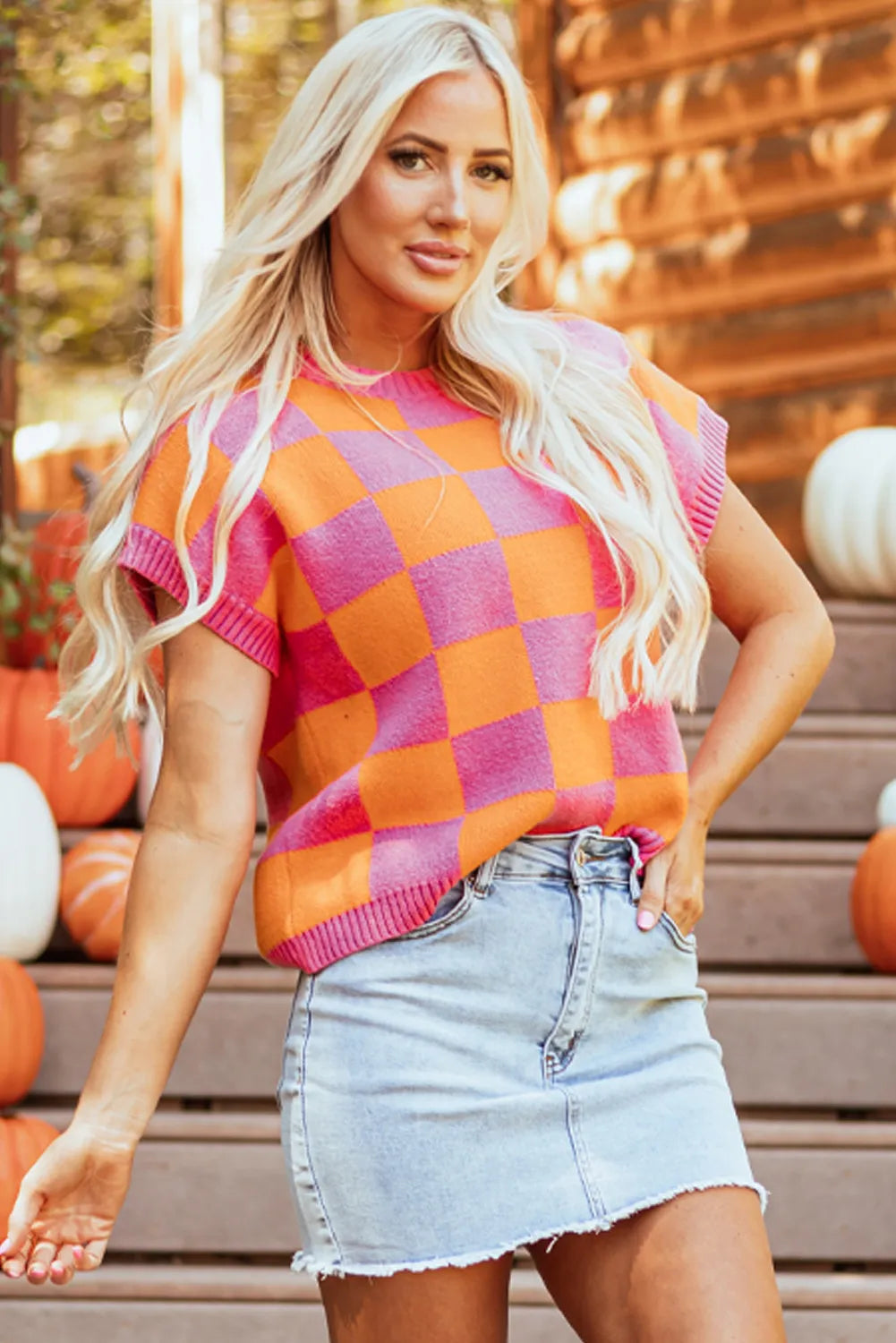 checkered round neck short sleeve sweater | dropsona - neutral - close-up detail