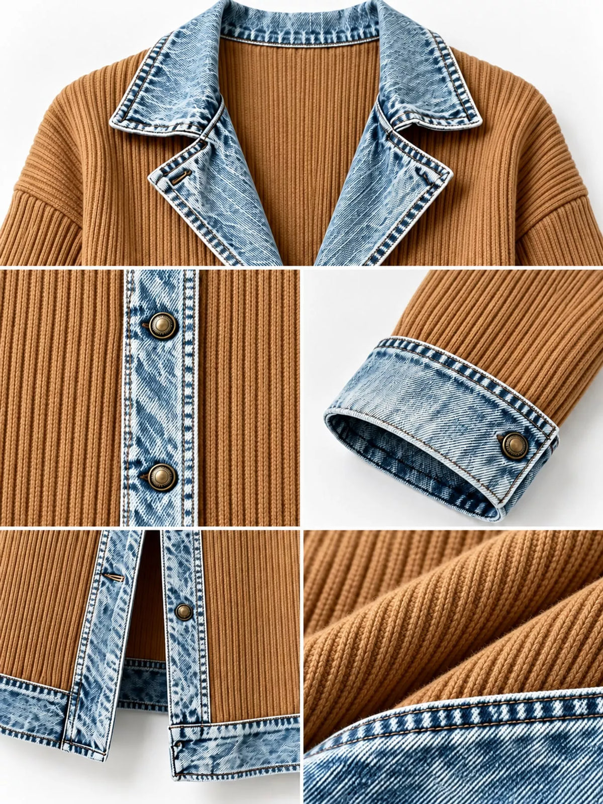 full size denim-trimmed ribbed knit longline cardigan | dropsona - neutral - packaging