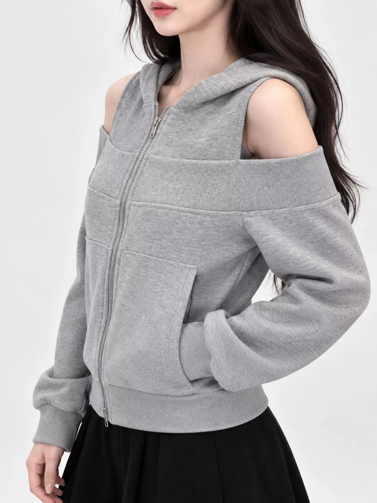 cold shoulder zip-up hoodie – zipper,cutout fit | dropsona - neutral - front view
