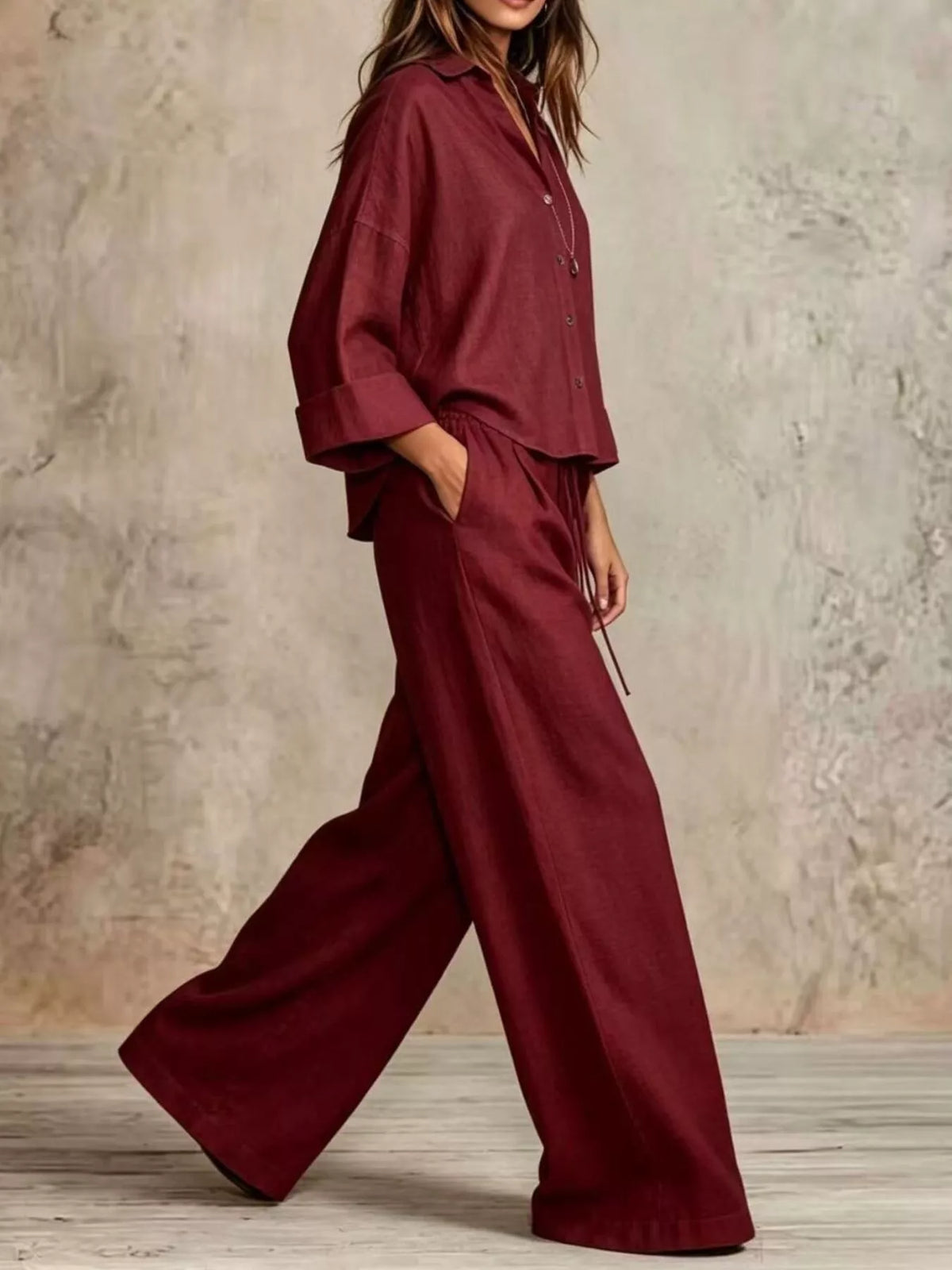 full size button-down shirt and wide-leg pants set | dropsona - neutral - material texture