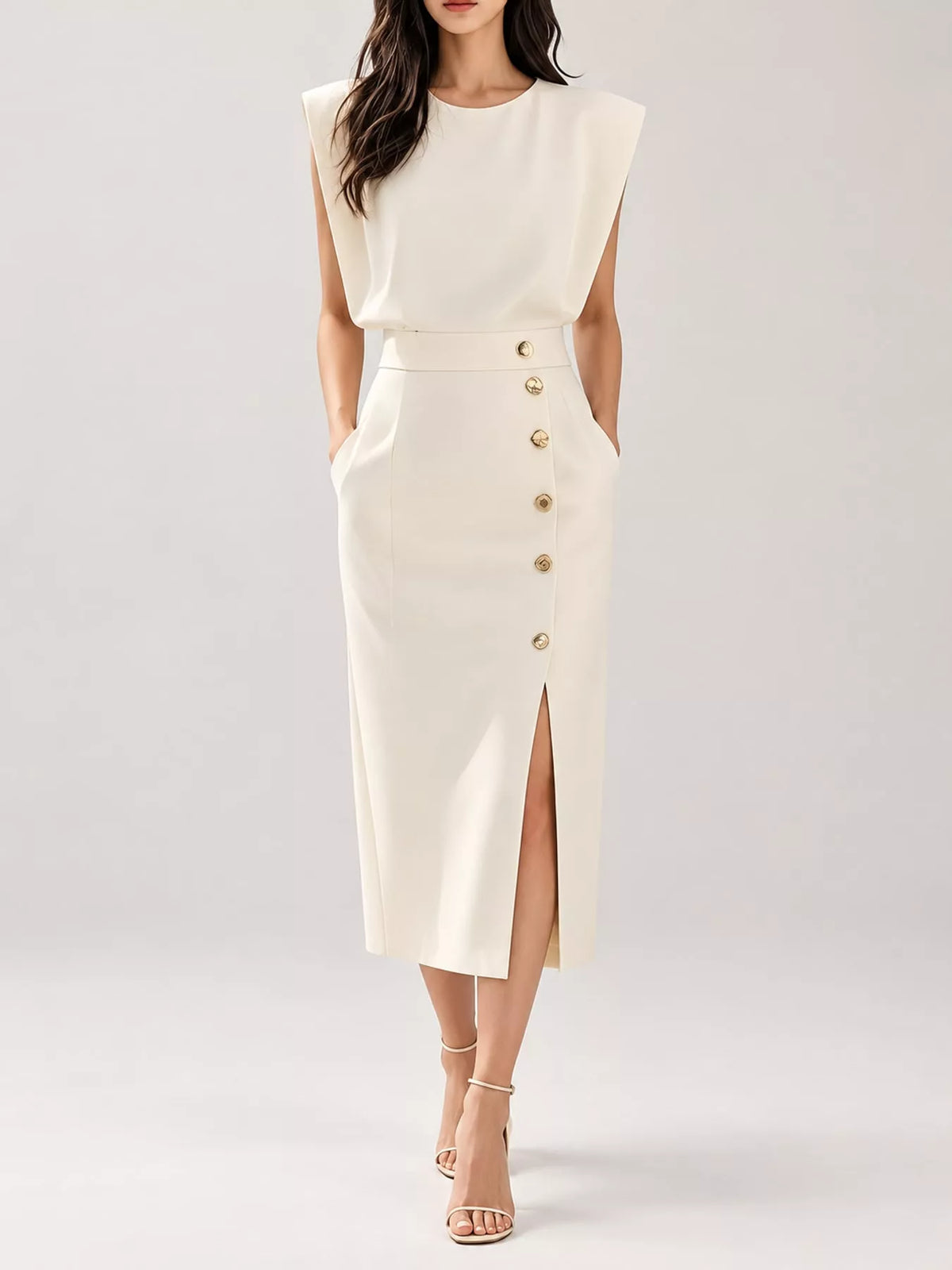 sleeveless midi dress with gold button detail and | dropsona - neutral - close-up detail