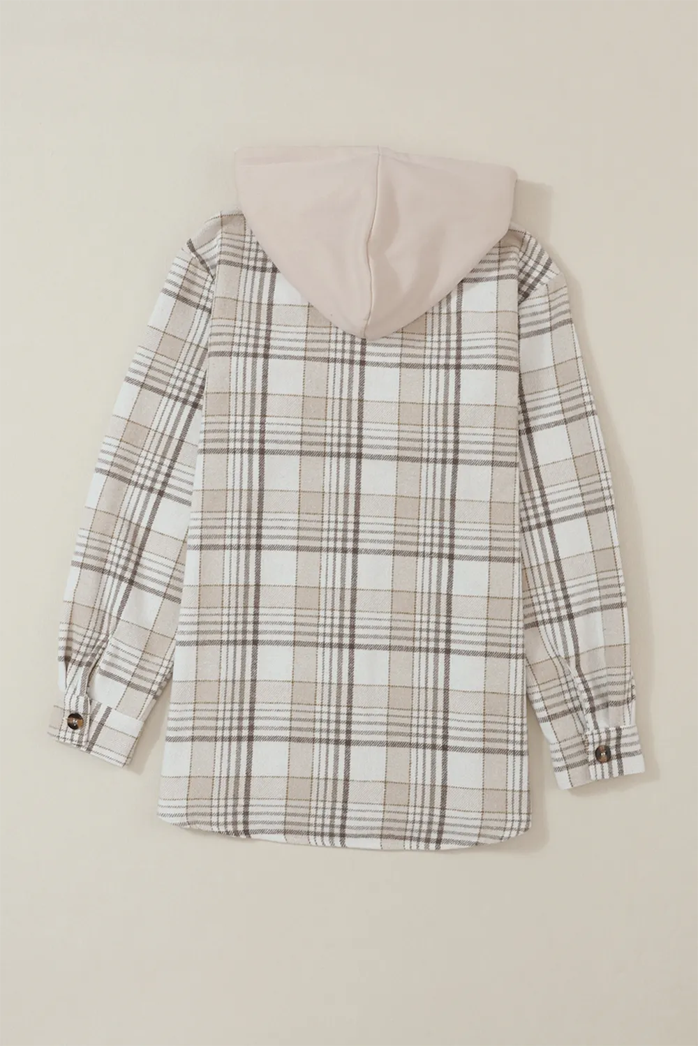 plaid removable hood button up shacket – basic style | dropsona - neutral - close-up detail