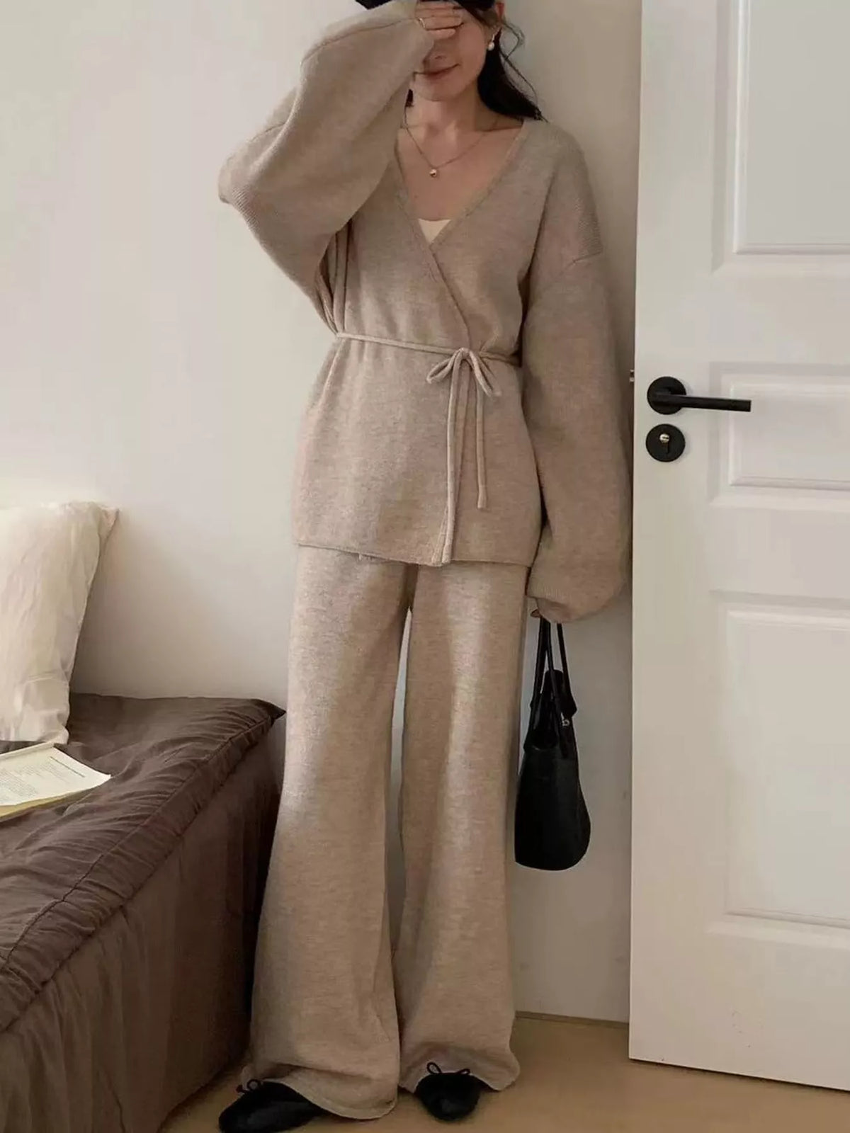 elegant v-neck wrap cardigan and wide-leg pants | dropsona - neutral - usage example