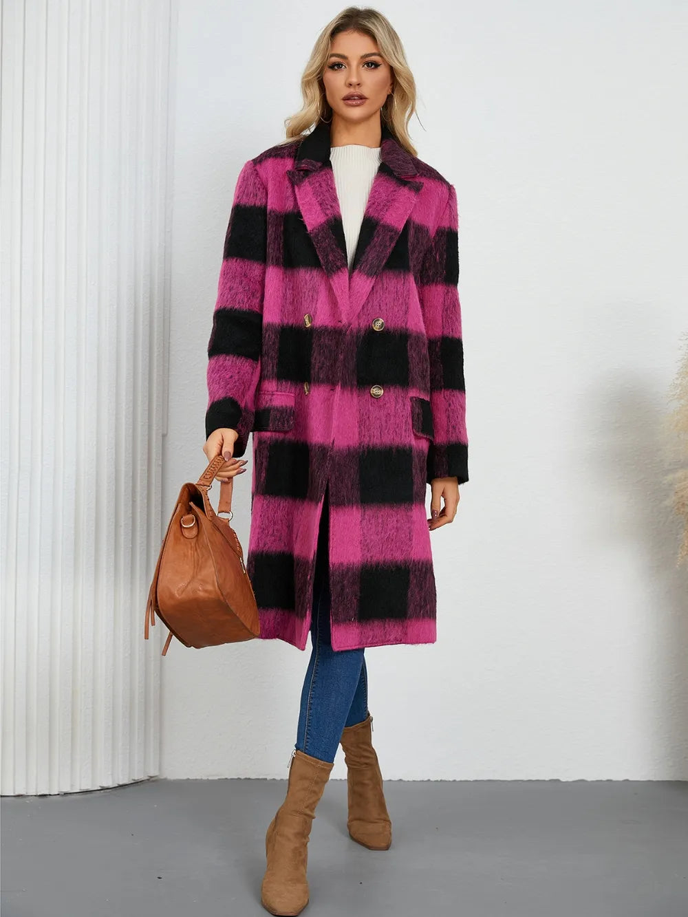 plaid double-breasted long sleeve coat – buttoned | dropsona - neutral - packaging