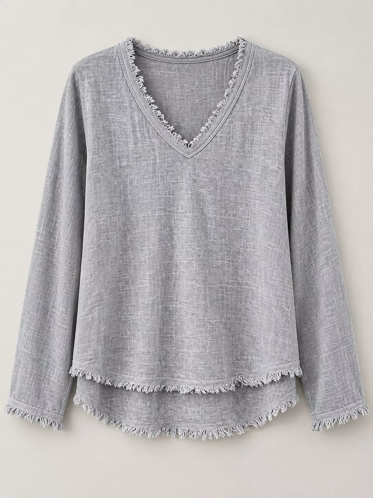 full size frayed hem v-neck blouse plus | dropsona - neutral - close-up detail