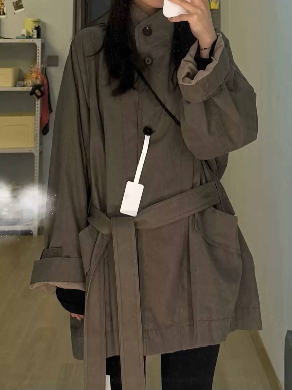 vintage style stand-collar belted utility jacket | dropsona - neutral - usage example