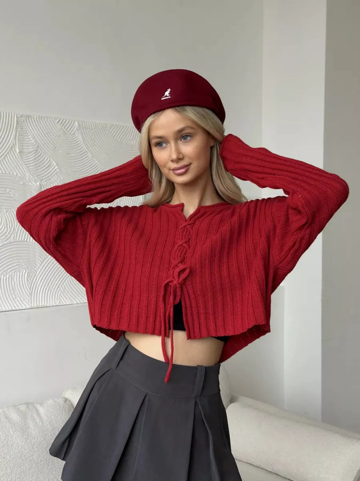 ribbed lace-up crop sweater – | dropsona - neutral - material texture