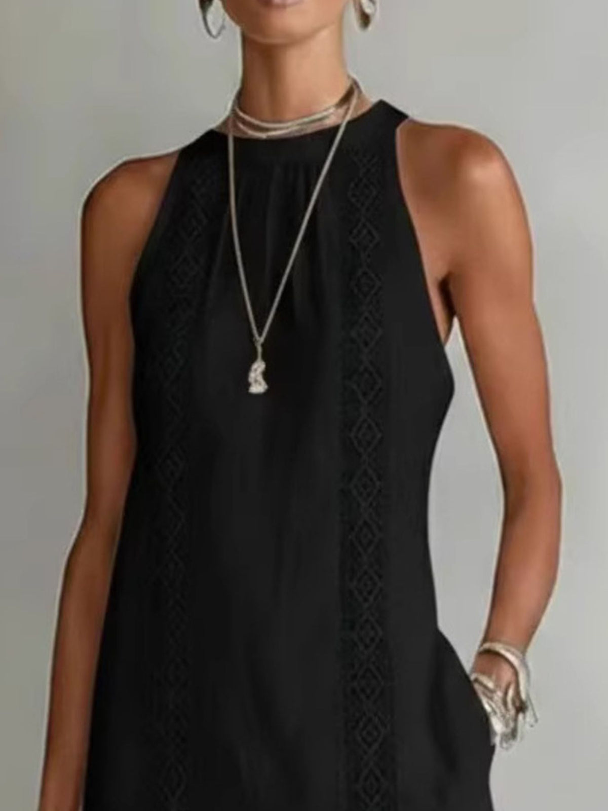 side slit sleeveless hollow-out trimmed midi dress | dropsona - neutral - front view