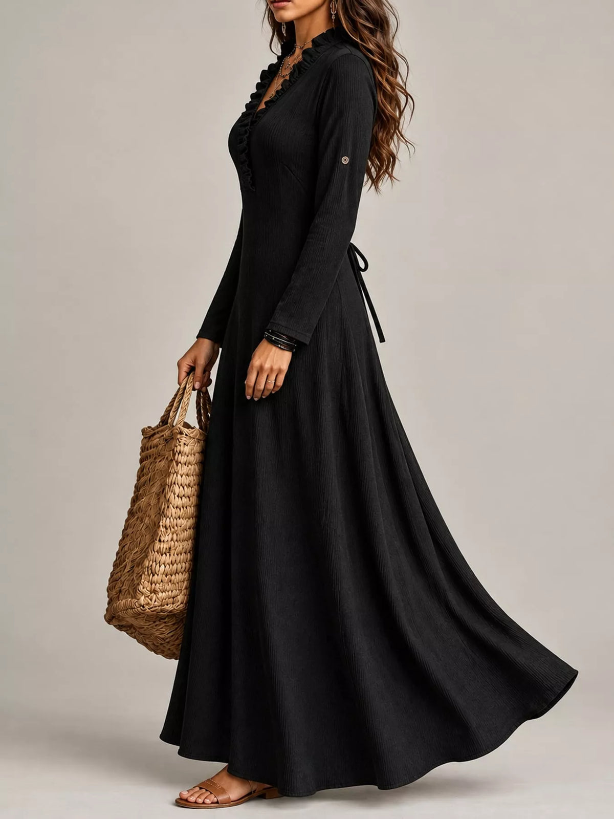 full size frill roll-up sleeve maxi dress plus | dropsona - neutral - close-up detail